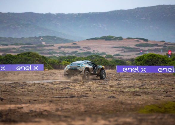 A car races in the Extreme E championship in Sardinia