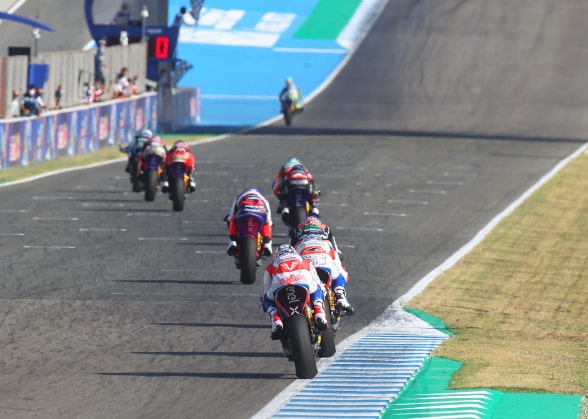 An electric motorbike racing on the track of the electric motorbike championship
