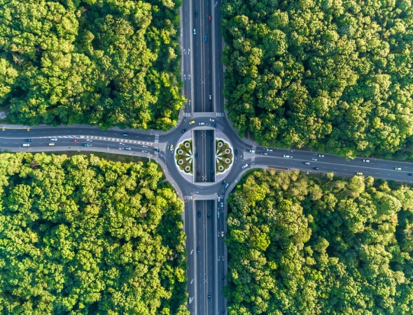 Aerial view of a roundabout in a verdant setting 